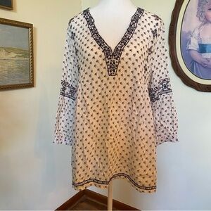 POL • Black, White & Burgundy Embroidered Boho Tunic Top • Size S Oversized